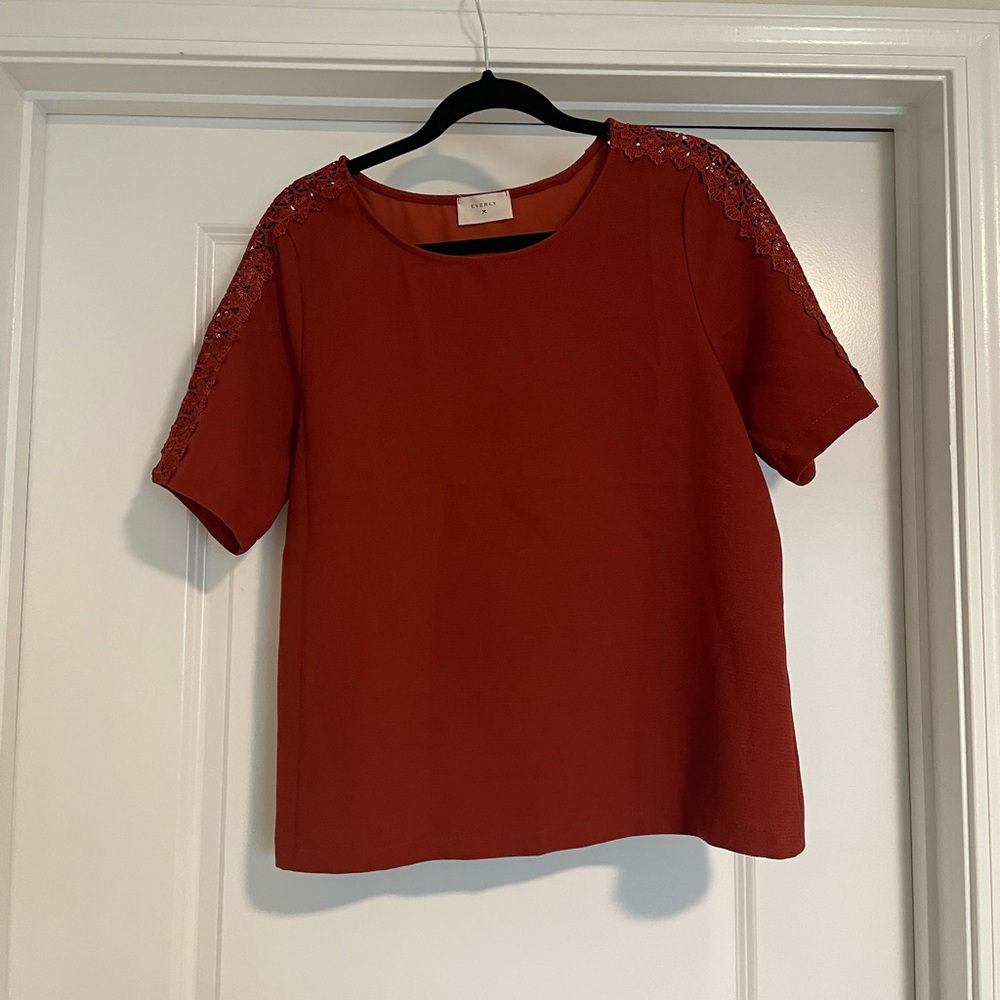 Everly Brick Red Blouse with Lace Detail